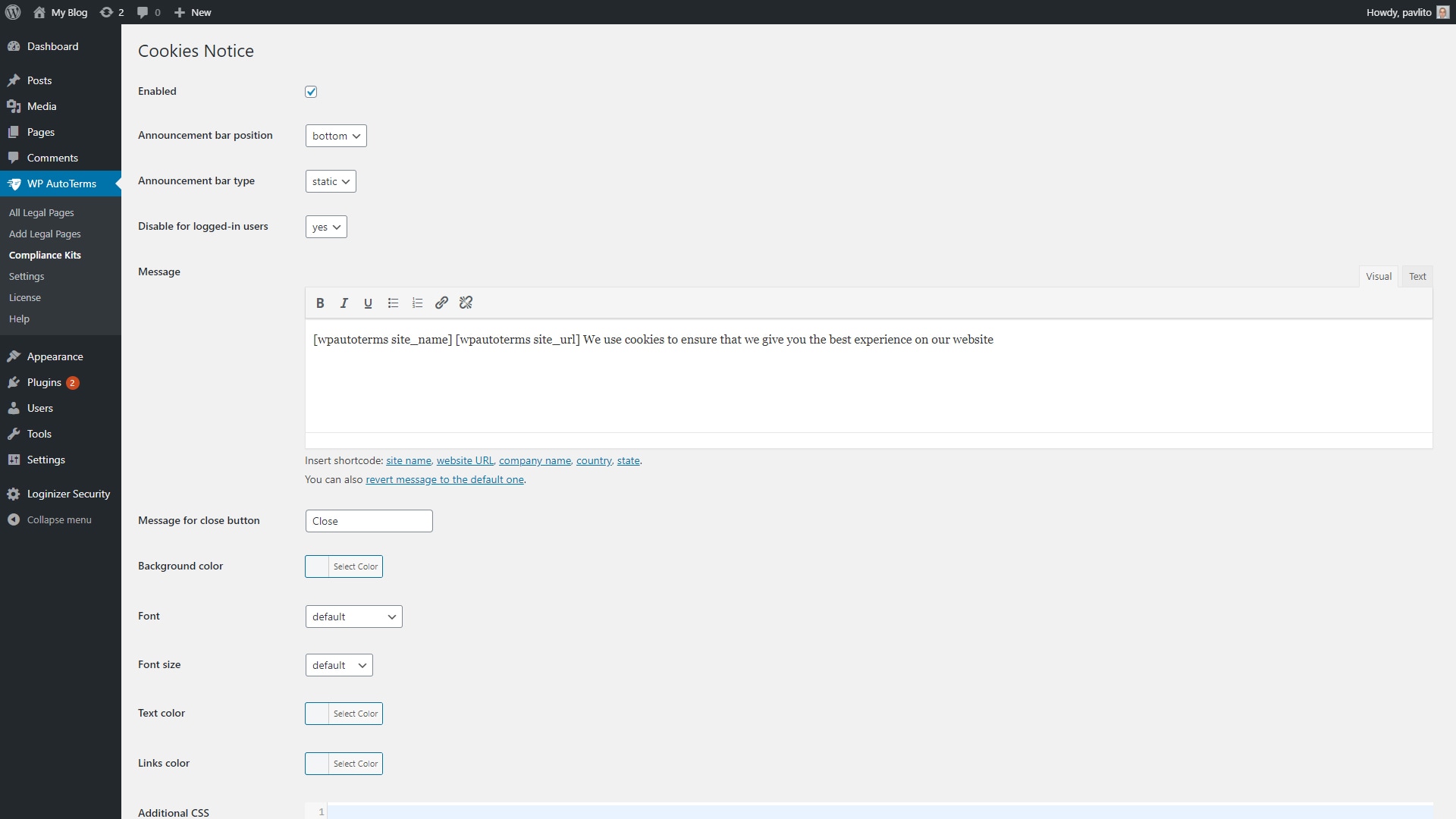 WP AutoTerms: Compliance Kits: Cookie Notice Banner Configuration